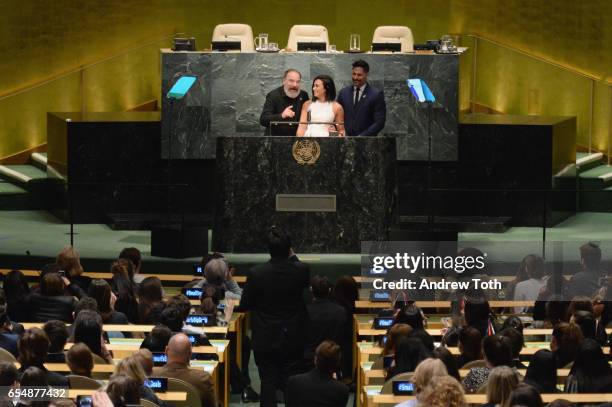 Actors Mandy Patinkin, Demi Lovato, and Joe Manganiello speak at the United Nations Headquarters celebrating International Day of Happiness in...