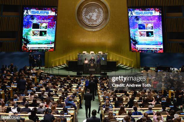 Young Sustainable Development Goals Advocates Sarina Divan, Karan Jerath, and Noor Samee onstage with actors Mandy Patinkin, Demi Lovato, and Joe...