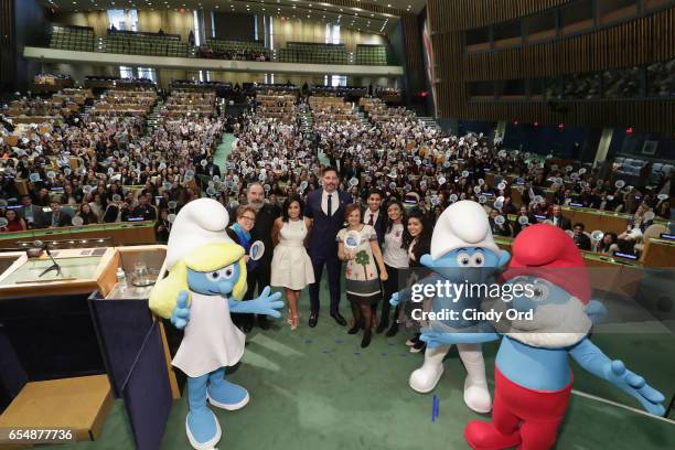 Caryl M. Stern, Mandy Patinkin, Demi Lovato, Joe Manganiello, Cristina Gallach, Karan Jerath, Sarina Divan, and Noor Samee pose onstage at the United...