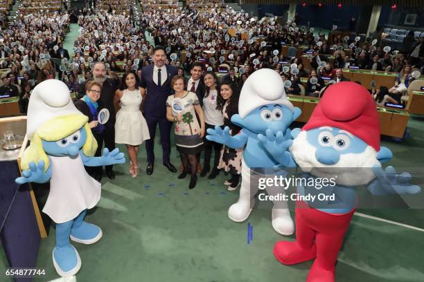 Caryl M. Stern, Mandy Patinkin, Demi Lovato, Joe Manganiello, Cristina Gallach, Karan Jerath, Sarina Divan, and Noor Samee pose onstage at the United...