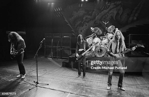 American Southern rock group Blackfoot, performing in a live set-up, for the cover of their live album 'Highway Song Live', 1982. Left to right:...