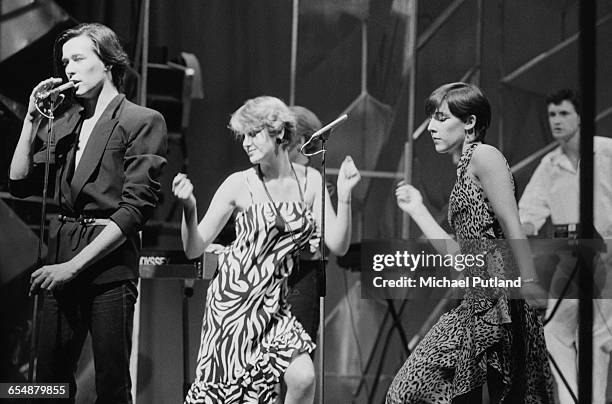 The Human League performing to their single 'Love Action ' on the BBC TV music show, 'Top Of The Pops', London, 6th August 1981. Left to right: Phil...