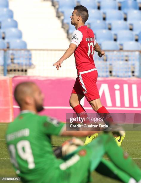 Braga's Portuguese forward Rui Fonte celebrates after scoring a goal during the Primeira Liga match between CF Os Belenenses and SC Braga at Estadio...