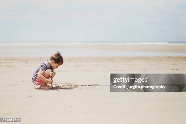 little boy at the beach - boy exploring on beach stock pictures, royalty-free photos & images