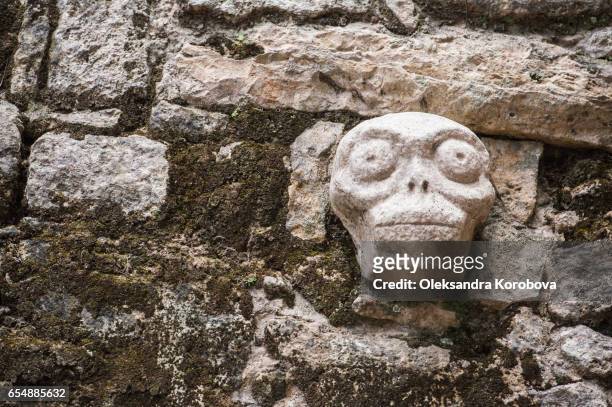 stone scull carving on the wall of an ancient mayan pyramid - ancient mayan gods stockfoto's en -beelden