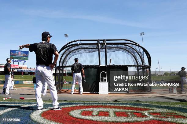 Manager Hiroki Kokubo of Japan in action during the exhibition game between Japan and Chicago Cubs at Sloan Park on March 18, 2017 in Mesa, Arizona.