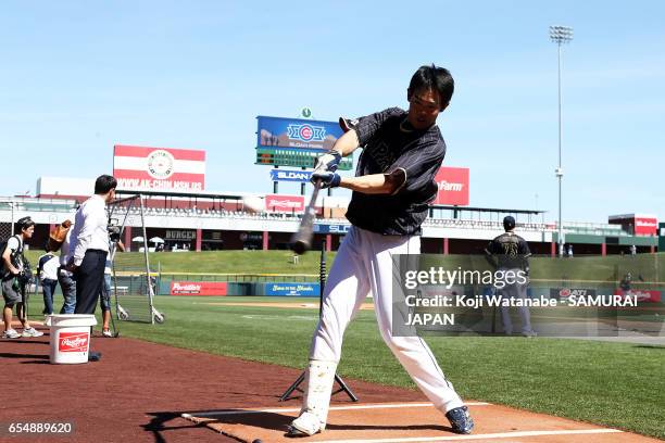 Shogo Akiyama of Japan in action during the exhibition game between Japan and Chicago Cubs at Sloan Park on March 18, 2017 in Mesa, Arizona.