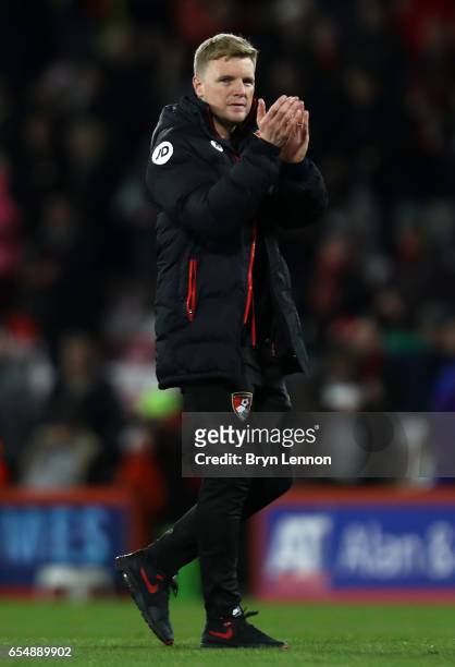 Eddie Howe, Manager of AFC Bournemouth shows appreciation to the fans after the Premier League match between AFC Bournemouth and Swansea City at...