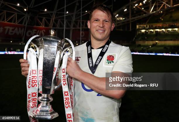 Captain Dylan Hartley of England poses with the Six Nations trophy during the RBS Six Nations match between Ireland and England at the Aviva Stadium...