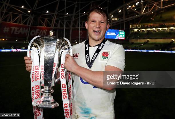 Captain Dylan Hartley of England poses with the Six Nations trophy during the RBS Six Nations match between Ireland and England at the Aviva Stadium...