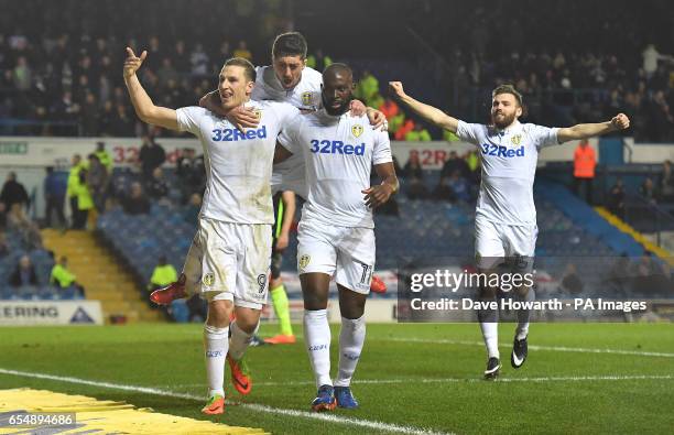 Leeds United's Chris Wood is congratulated on scoring his team's second goal during the Sky Bet Championship match at Elland Road, Leeds.