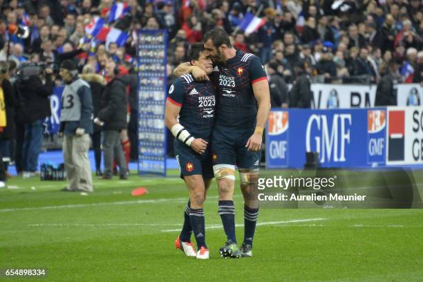 Francois Trinh Duc and Yoann Maestri of France react after victory during the RBS Six Nations match between France and Wales at Stade de France on...