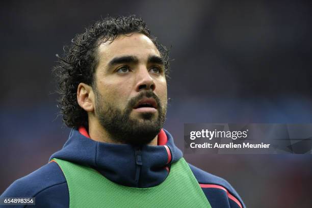 Yoann Huget of France reacts during the RBS Six Nations match between France and Wales at Stade de France on March 18, 2017 in Paris, France.