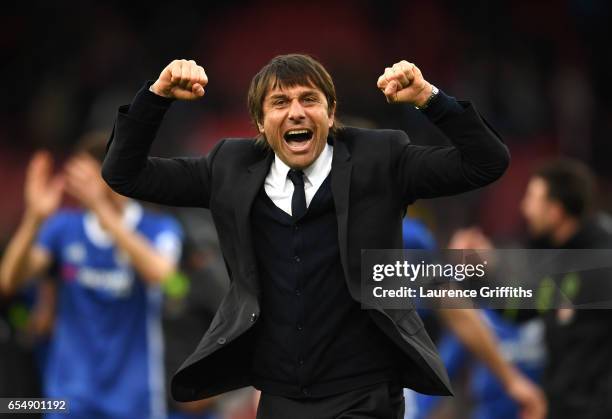 Antonio Conte of Chelsea celebrates victory during the Premier League match between Stoke City and Chelsea at Bet365 Stadium on March 18, 2017 in...