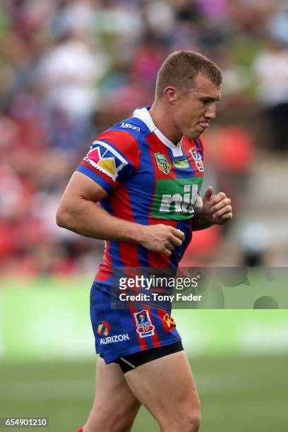 Trent Hodkinson of the Knights reacts after being sent off during the round three NRL match between the Newcastle Knights and the South Sydney...