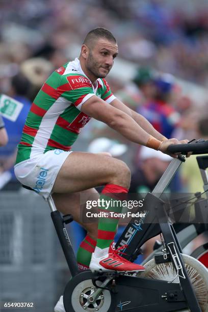 Robbie Farah of the Rabbitohs on the exercise bike during the round three NRL match between the Newcastle Knights and the South Sydney Rabbitohs at...