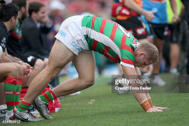 George Burgess of the Rabbitohs warms up during the round three NRL match between the Newcastle Knights and the South Sydney Rabbitohs at McDonald...