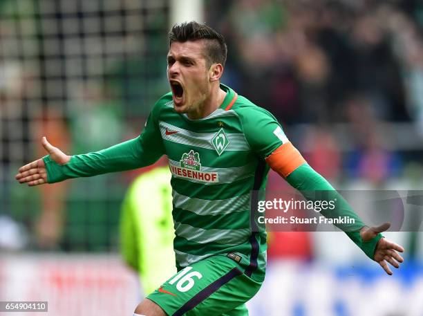 Zlatko Junuzovic of Bremen celebrates scoring his goal during the Bundesliga match between Werder Bremen and RB Leipzig at Weserstadion on March 18,...