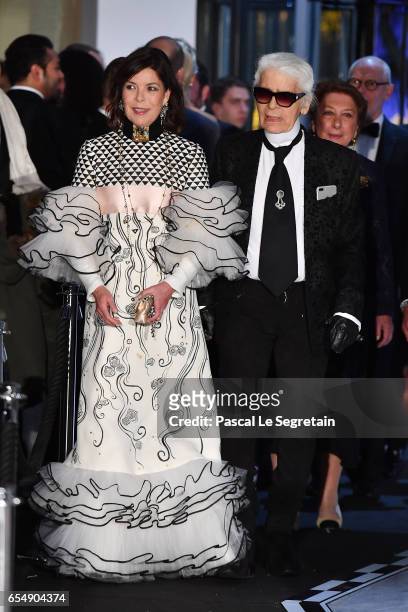 Princess Caroline of Hanover and Karl Lagerfeld arrive at the Rose Ball 2017 To Benefit The Princess Grace Foundation at Sporting Monte-Carlo on...