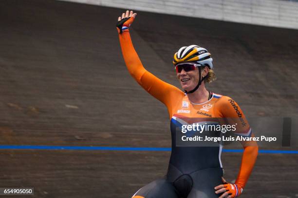 Kirsten Wild of Netherlands celebrates the victory in the Omnium on day two of the Belgian International Track Meeting 2017 held at the Eddy Merckx...