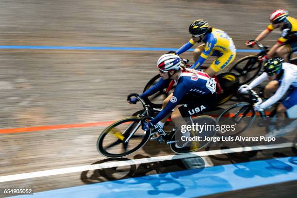 Sarah Hammer of US, Ganina Solovei of Ukraine and Elisa Balsano of Italy compete in the Women's Points race of the Omnium on day two of the Belgian...