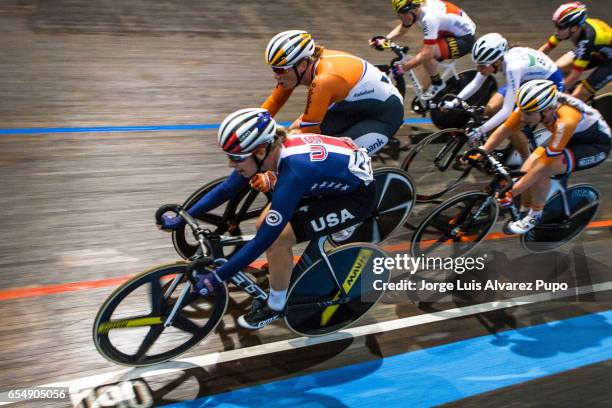 Sarah Hammer of US and Kirsten Wild of Netherlands compete in the Women's Points race of the Omnium on day two of the Belgian International Track...