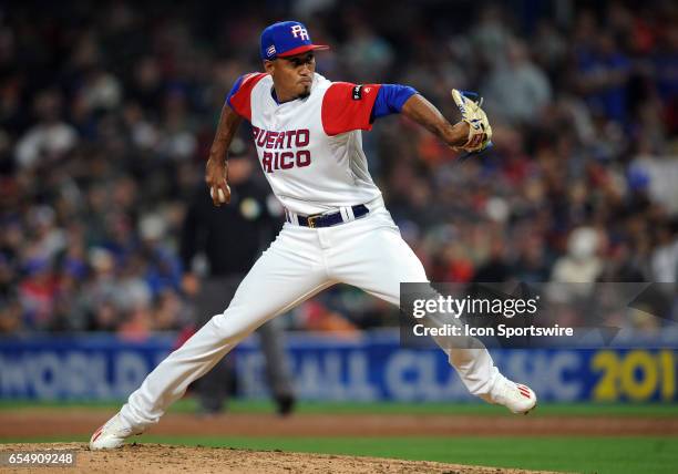 Team Puerto Rico pitcher Edwin Diaz in action during the ninth inning of a game against team USA, on March 17 during the World Baseball Classic...