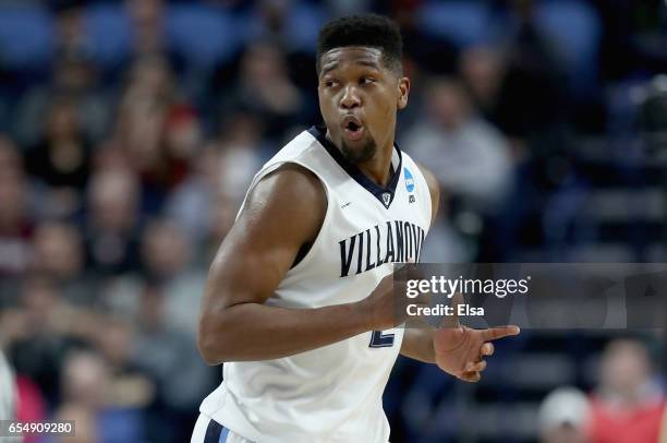 Kris Jenkins of the Villanova Wildcats reacts after a play against the Wisconsin Badgers during the second round of the 2017 NCAA Men's Basketball...