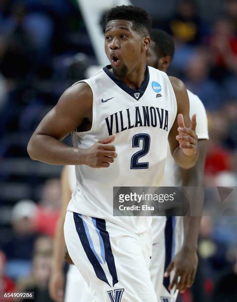 Kris Jenkins of the Villanova Wildcats reacts after a play against the Wisconsin Badgers during the second round of the 2017 NCAA Men's Basketball...