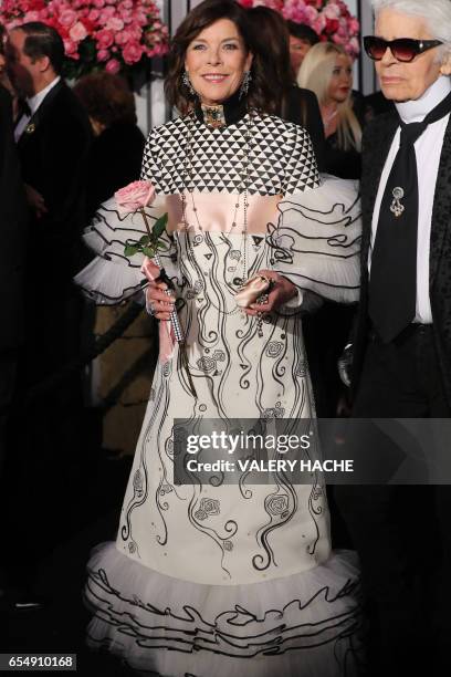 Caroline of Monaco, Princess of Hanover and German fashion designer Karl Lagerfeld arrive for the annual Rose Ball at the Monte-Carlo Sporting Club...