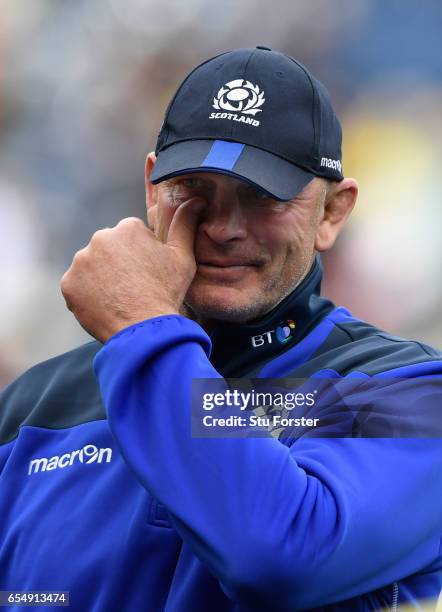 Scotland coach Vern Cotter reacts after his final game in charge after the RBS Six Nations match between Scotland and Italy at Murrayfield Stadium on...