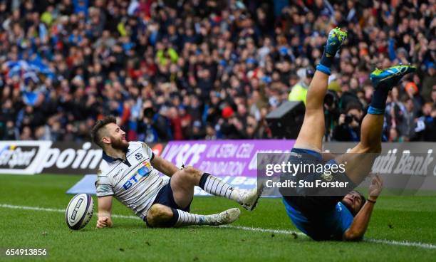 Scotland player Tommy Seymour scores the fourth and bonus point try during the RBS Six Nations match between Scotland and Italy at Murrayfield...