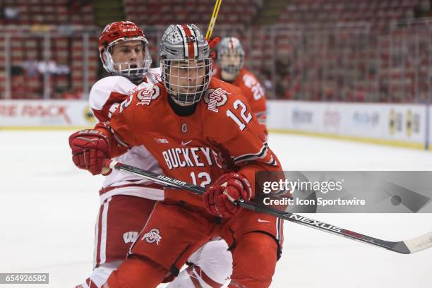 Ohio State Buckeyes forward Miguel Fidler skates during the second period of a Big 10 Men's Ice Hockey Tournament semifinal game between Ohio State...