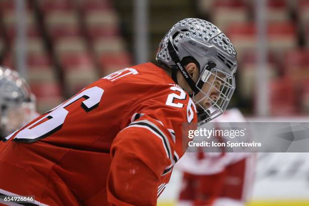 Ohio State Buckeyes forward Mason Jobst looks on during the third period of a Big 10 Men's Ice Hockey Tournament semifinal game between Ohio State...