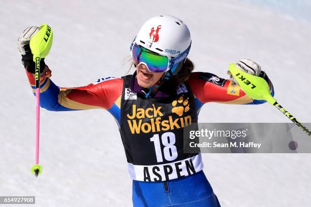 Resi Stiegler of the United States reacts after her second run of the Ladies' Slalom during the 2017 Audi FIS Ski World Cup Finals at Aspen Mountain...