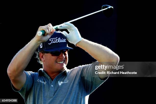 Charley Hoffman of the United States reacts to his shot from the 18th tee during the third round of the Arnold Palmer Invitational Presented By...