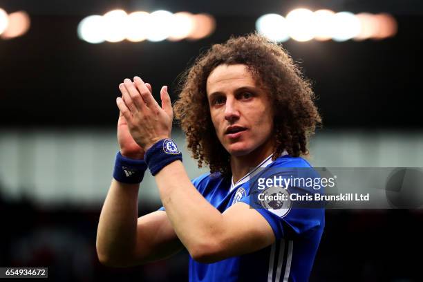 David Luiz of Chelsea celebrates at full-time following the Premier League match between Stoke City and Chelsea at Bet365 Stadium on March 18, 2017...