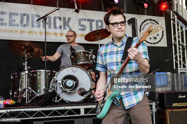 Patrick Wilson and Rivers Cuomo of Weezer perform live at Rachael Ray's Feedback party during SxSW at Stubb's BBQ on March 18, 2017 in Austin, Texas.