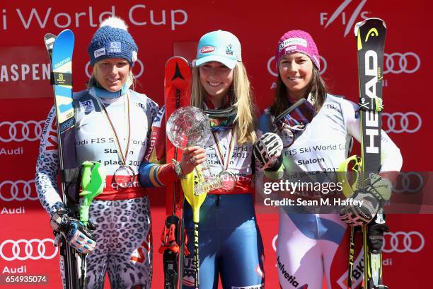 Veronika Velez Zuzulova of Slovakia in second place, Mikaela Shiffrin of the United States in first place, and Wendy Holdener of Switzerland in third...