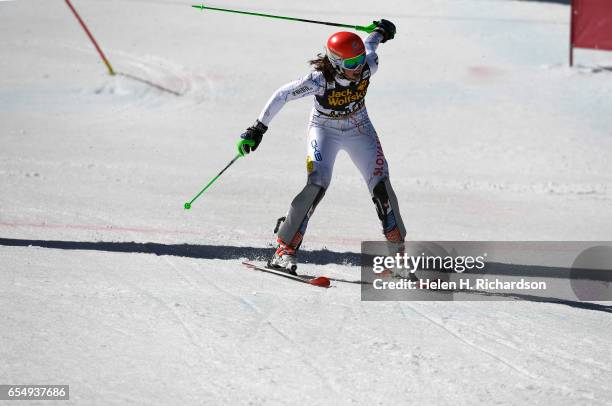 Petra Vlhova, of Slovakia, crosses the finish line and takes a surprise win in the ladies World Cup Slalom race at the 2017 Audi FIS Ski World Cup...