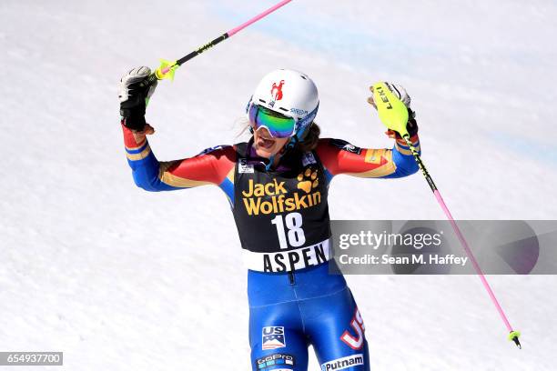 Resi Stiegler of the United States reacts after her second run of the Ladies' Slalom during the 2017 Audi FIS Ski World Cup Finals at Aspen Mountain...