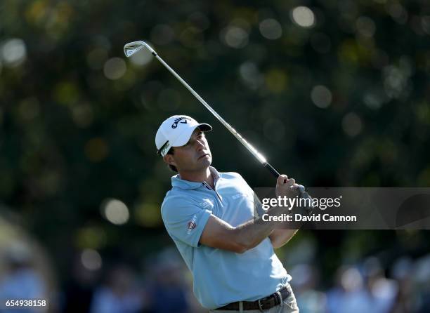 Kevin Kisner of the United States plays his second shot on the par 4, 18th hole during the third round of the 2017 Arnold Palmer Invitational...