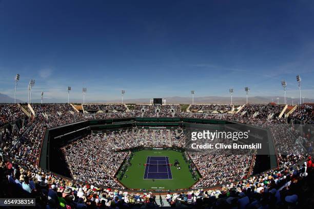 General view of Centre Court as Roger Federer of Switzerland plays against Jack Sock of the United States in their semi final match during day...