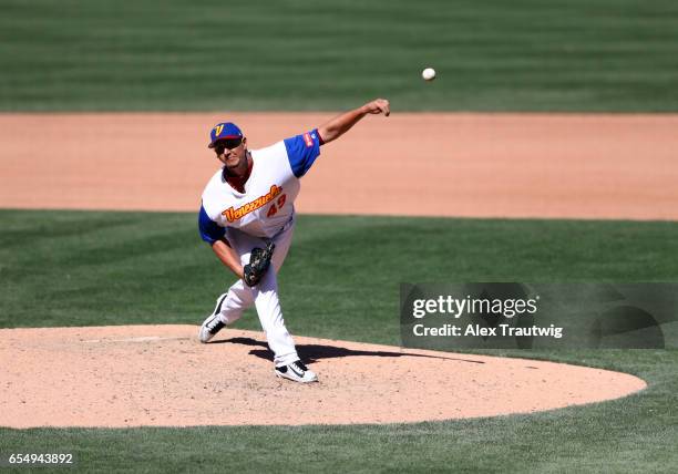 Wilfredo Ledezma of Team Venezuela pitches during Game 5 of Pool F of the 2017 World Baseball Classic against Team Puerto Rico on Saturday, March 18,...