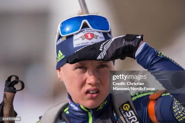 Anastasiya Merkushyna of the Ukraine competes during the 10 km men's Sprint on March 17, 2017 in Oslo, Norway.