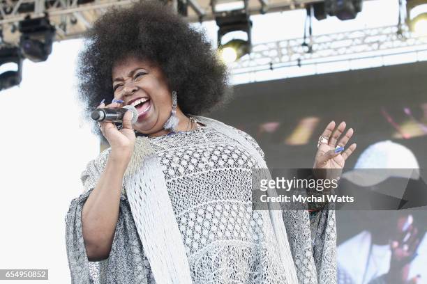 Musician Betty Wright performs on stage at The 12th Annual Jazz In The Gardens Music Festival - Day 1 at Hard Rock Stadium on March 18, 2017 in Miami...