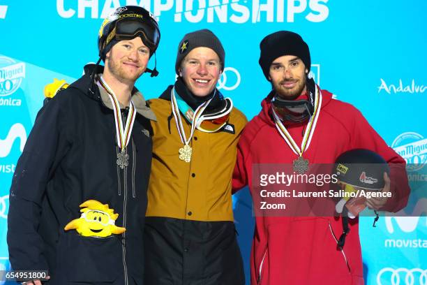 Aaron Blunck of USA wins the gold medal, Mike Riddle of Canada wins the silver medal, Kevin Rolland of France wins the bronze medal during the FIS...