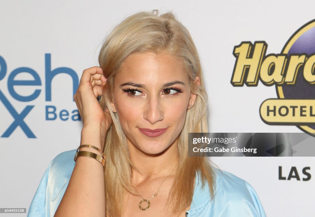 Dancer Lexy Panterra arrives at the Rehab Beach Club pool party at