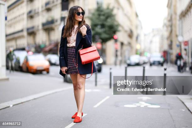 Sarah Benziane, fashion blogger Les Colonnes de Sarah, wears a Pimkie coat, a Zara pink lace embroidered top, a Zara checked skirt, Zara orange...