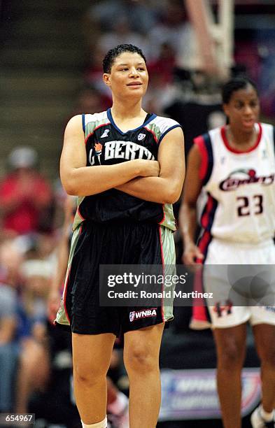 Tamika Whitmore of the New York Liberty looks on from the court during the game against the Houston Comets at the Compaq Center in Houston, Texas....